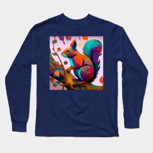 A whimsical, colorful squirrel perched on a branch Long Sleeve T-Shirt